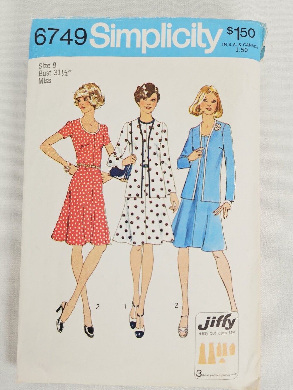 Vintage 1974 Simplicity 6749 Jiffy Dress Cardigan Pattern Size 8 Complete